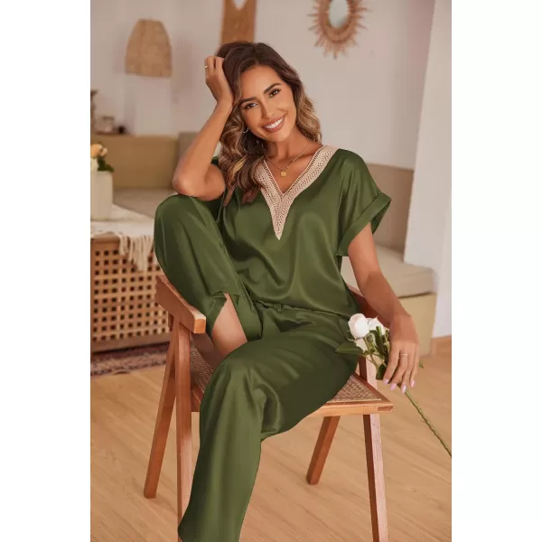 imageEkouaer Womens Silk Pajamas Set Satin Pjs with Long Pants Short Sleeve Sleepwear Guipure V Neck LoungewearArmy Green