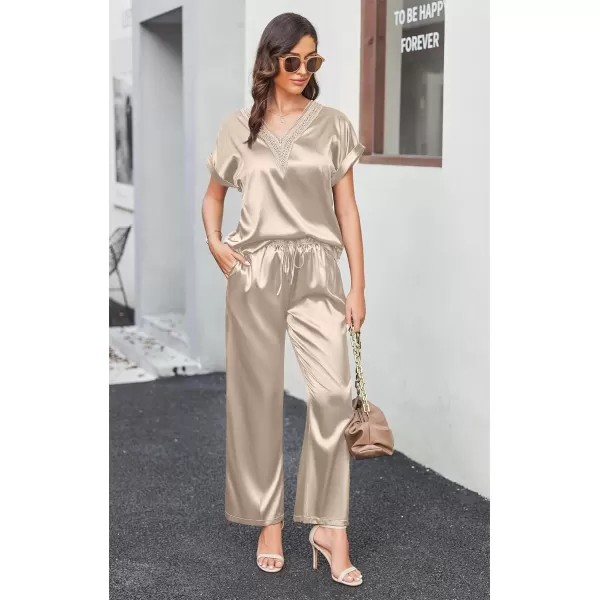 imageEkouaer Womens Silk Pajamas Set Satin Pjs with Long Pants Short Sleeve Sleepwear Guipure V Neck LoungewearBeige