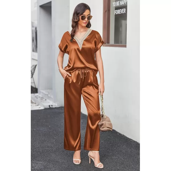 imageEkouaer Womens Silk Pajamas Set Satin Pjs with Long Pants Short Sleeve Sleepwear Guipure V Neck LoungewearBrown