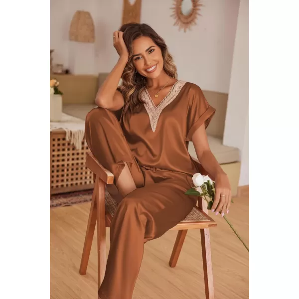 imageEkouaer Womens Silk Pajamas Set Satin Pjs with Long Pants Short Sleeve Sleepwear Guipure V Neck LoungewearBrown