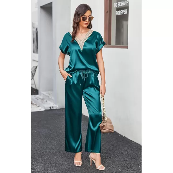 imageEkouaer Womens Silk Pajamas Set Satin Pjs with Long Pants Short Sleeve Sleepwear Guipure V Neck LoungewearDark Blue