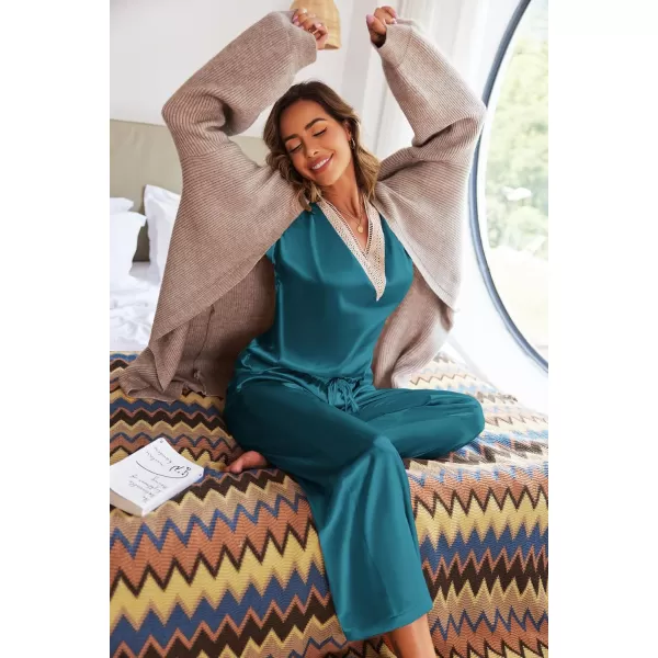 imageEkouaer Womens Silk Pajamas Set Satin Pjs with Long Pants Short Sleeve Sleepwear Guipure V Neck LoungewearDark Blue