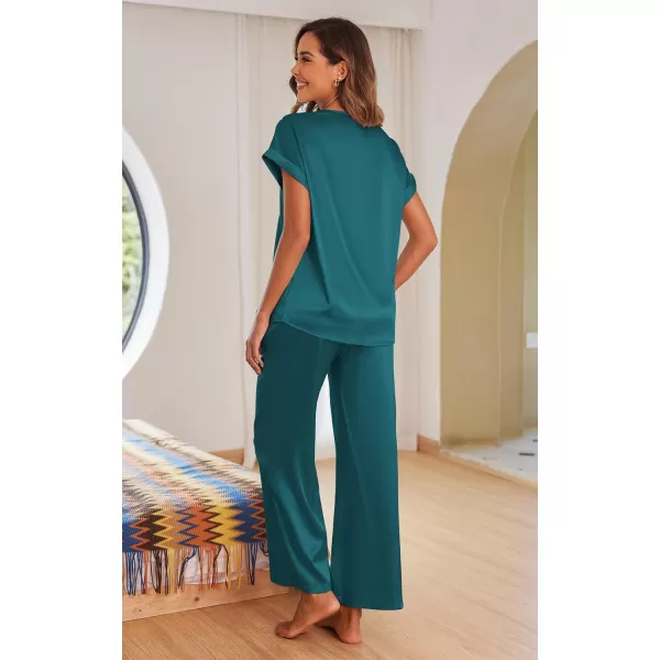 imageEkouaer Womens Silk Pajamas Set Satin Pjs with Long Pants Short Sleeve Sleepwear Guipure V Neck LoungewearDark Blue