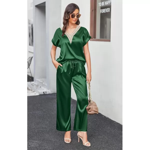 imageEkouaer Womens Silk Pajamas Set Satin Pjs with Long Pants Short Sleeve Sleepwear Guipure V Neck LoungewearDark Green