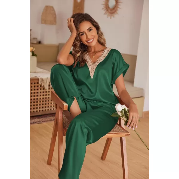 imageEkouaer Womens Silk Pajamas Set Satin Pjs with Long Pants Short Sleeve Sleepwear Guipure V Neck LoungewearDark Green