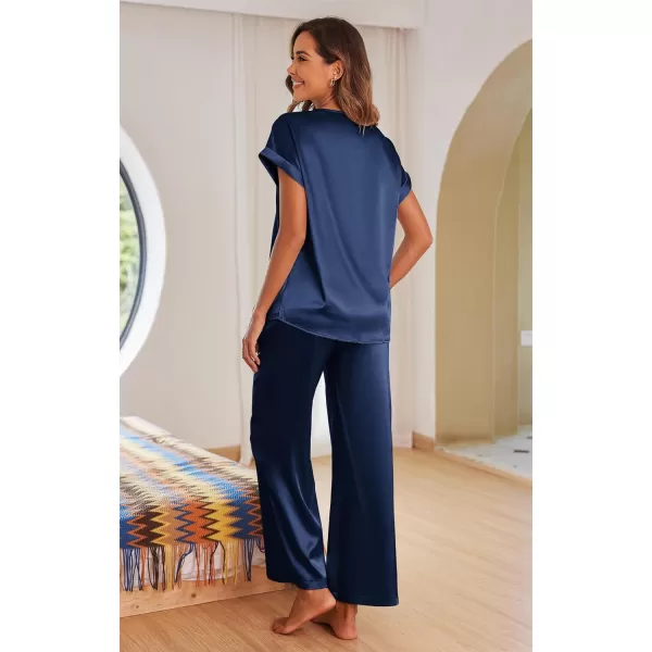 imageEkouaer Womens Silk Pajamas Set Satin Pjs with Long Pants Short Sleeve Sleepwear Guipure V Neck LoungewearNavy Blue