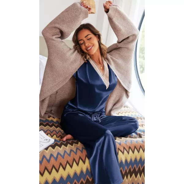 imageEkouaer Womens Silk Pajamas Set Satin Pjs with Long Pants Short Sleeve Sleepwear Guipure V Neck LoungewearNavy Blue