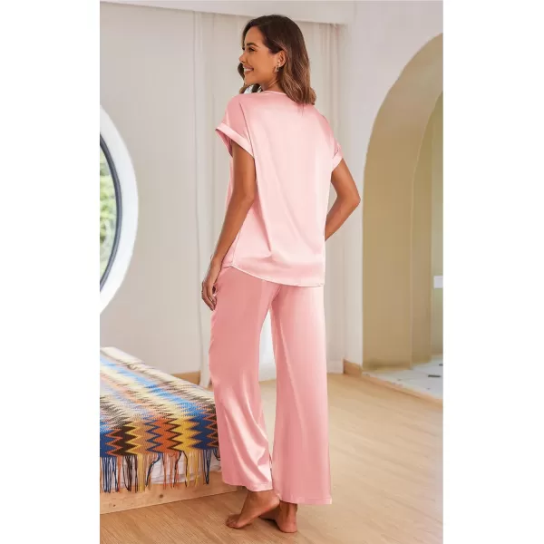 imageEkouaer Womens Silk Pajamas Set Satin Pjs with Long Pants Short Sleeve Sleepwear Guipure V Neck LoungewearPink