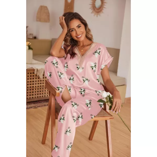 imageEkouaer Womens Silk Pajamas Set Satin Pjs with Long Pants Short Sleeve Sleepwear Guipure V Neck LoungewearPink Flowers