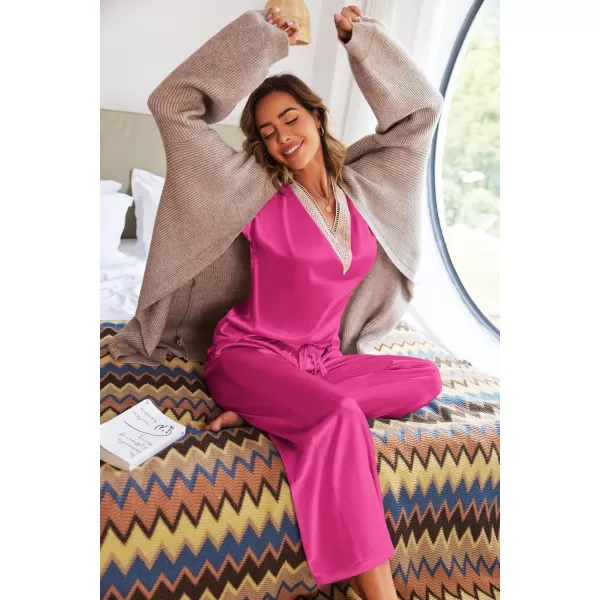 imageEkouaer Womens Silk Pajamas Set Satin Pjs with Long Pants Short Sleeve Sleepwear Guipure V Neck LoungewearRose Red