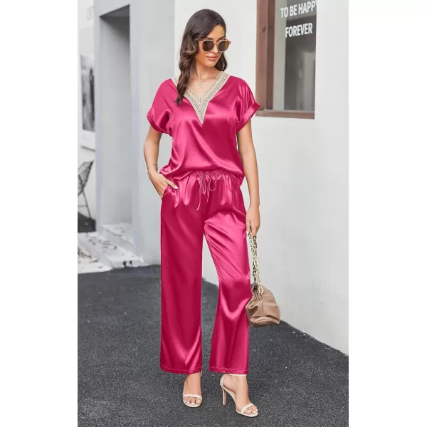 imageEkouaer Womens Silk Pajamas Set Satin Pjs with Long Pants Short Sleeve Sleepwear Guipure V Neck LoungewearRose Red