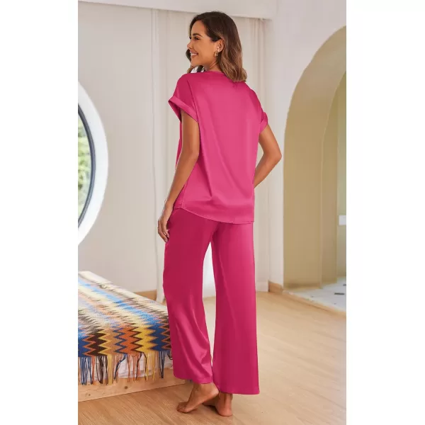 imageEkouaer Womens Silk Pajamas Set Satin Pjs with Long Pants Short Sleeve Sleepwear Guipure V Neck LoungewearRose Red