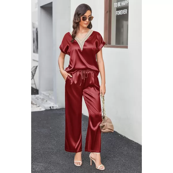 imageEkouaer Womens Silk Pajamas Set Satin Pjs with Long Pants Short Sleeve Sleepwear Guipure V Neck LoungewearWine Red