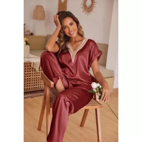 imageEkouaer Womens Silk Pajamas Set Satin Pjs with Long Pants Short Sleeve Sleepwear Guipure V Neck LoungewearWine Red