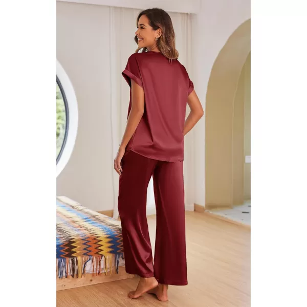 imageEkouaer Womens Silk Pajamas Set Satin Pjs with Long Pants Short Sleeve Sleepwear Guipure V Neck LoungewearWine Red