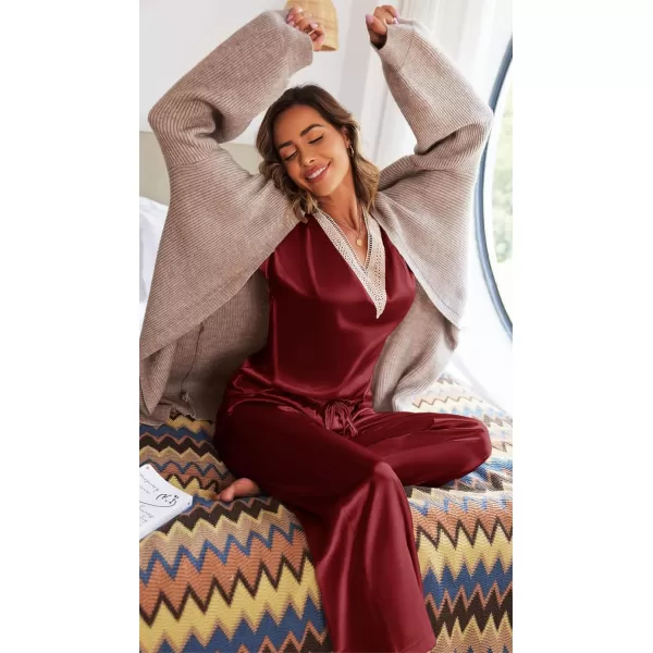 imageEkouaer Womens Silk Pajamas Set Satin Pjs with Long Pants Short Sleeve Sleepwear Guipure V Neck LoungewearWine Red