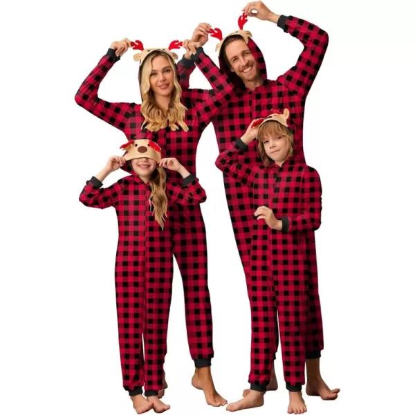 imageEkouaer Christmas Onesie Matching Family Elk Antler Hooded Zipper One Piece Long Sleeve Pajamas with Pockets SXXLRed Plaid