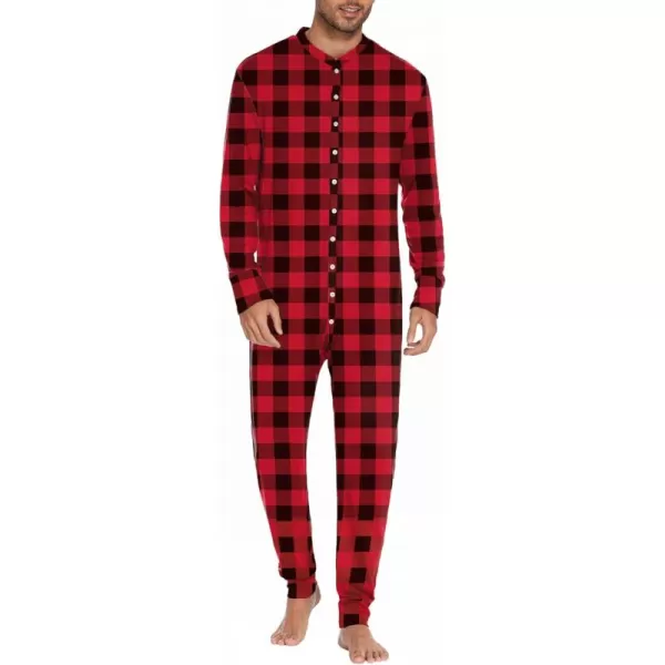 imageEkouaer Mens One Piece Pajama Thermal Full Button Union Suit Long Sleeve Onesie with Button Flap SXXLRedBlack Plaid