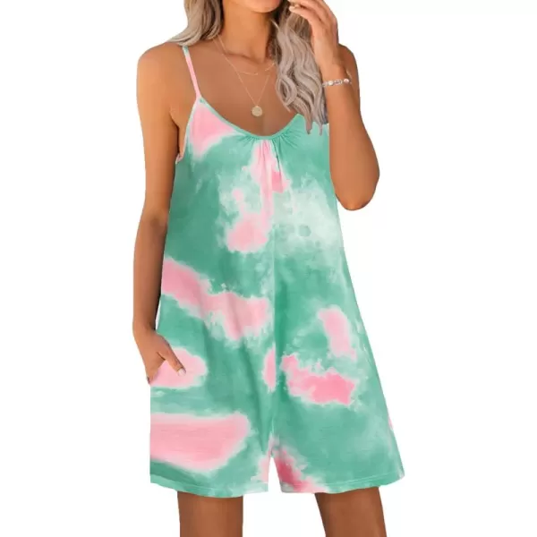 imageEkouaer Rompers Casual Sleeveless Pajamas Onesies Overall Spaghetti Straps Shorts Jumpsuits For WomenTie Dye Green