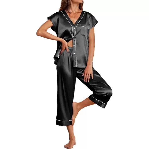 imageEkouaer Satin Pajama Set Womens Short Sleeve V Neck Shirt with Capri Pants Button Down PJs Soft Silky LoungewearBlack