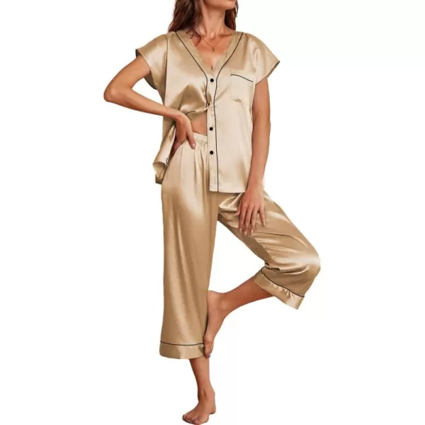 imageEkouaer Satin Pajama Set Womens Short Sleeve V Neck Shirt with Capri Pants Button Down PJs Soft Silky LoungewearCamel