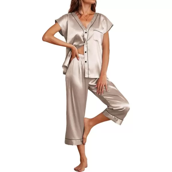 imageEkouaer Satin Pajama Set Womens Short Sleeve V Neck Shirt with Capri Pants Button Down PJs Soft Silky LoungewearChampagne