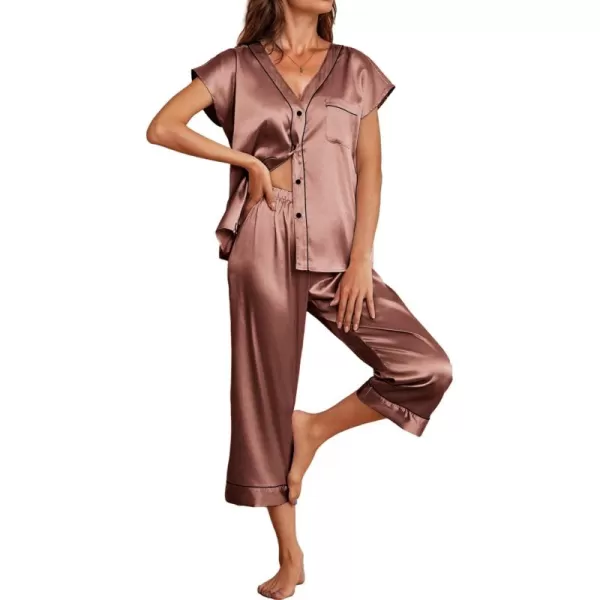 imageEkouaer Satin Pajama Set Womens Short Sleeve V Neck Shirt with Capri Pants Button Down PJs Soft Silky LoungewearClay