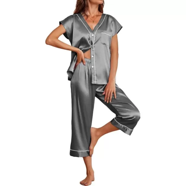 imageEkouaer Satin Pajama Set Womens Short Sleeve V Neck Shirt with Capri Pants Button Down PJs Soft Silky LoungewearDark Gray