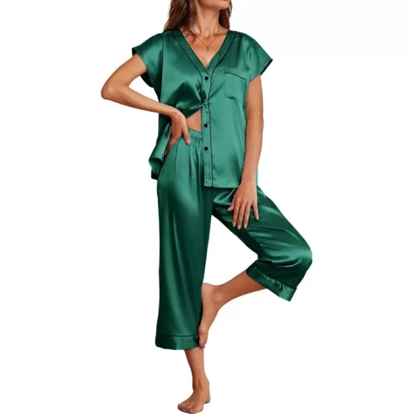 imageEkouaer Satin Pajama Set Womens Short Sleeve V Neck Shirt with Capri Pants Button Down PJs Soft Silky LoungewearDark Green