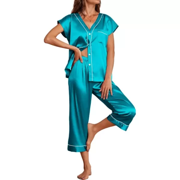 imageEkouaer Satin Pajama Set Womens Short Sleeve V Neck Shirt with Capri Pants Button Down PJs Soft Silky LoungewearDarkcyan