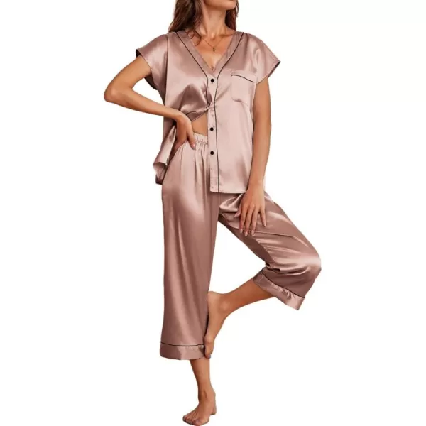 imageEkouaer Satin Pajama Set Womens Short Sleeve V Neck Shirt with Capri Pants Button Down PJs Soft Silky LoungewearDeep Powder