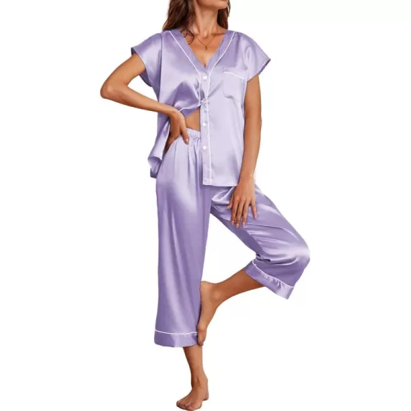 imageEkouaer Satin Pajama Set Womens Short Sleeve V Neck Shirt with Capri Pants Button Down PJs Soft Silky LoungewearLilac Purple