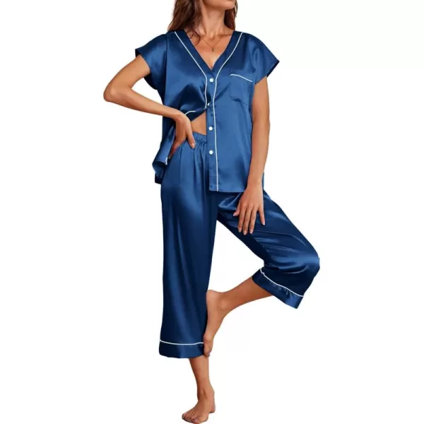 imageEkouaer Satin Pajama Set Womens Short Sleeve V Neck Shirt with Capri Pants Button Down PJs Soft Silky LoungewearNavy Blue