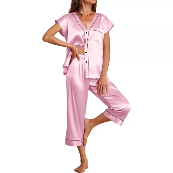 imageEkouaer Satin Pajama Set Womens Short Sleeve V Neck Shirt with Capri Pants Button Down PJs Soft Silky LoungewearPink