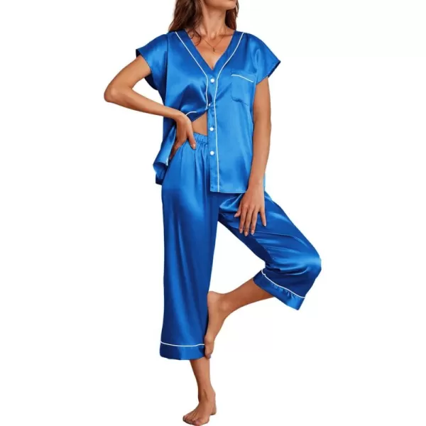 imageEkouaer Satin Pajama Set Womens Short Sleeve V Neck Shirt with Capri Pants Button Down PJs Soft Silky LoungewearTreasure Blue