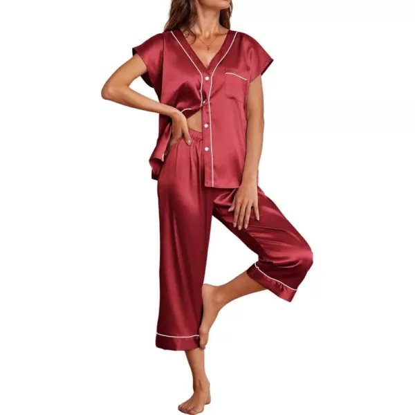 imageEkouaer Satin Pajama Set Womens Short Sleeve V Neck Shirt with Capri Pants Button Down PJs Soft Silky LoungewearWine Red