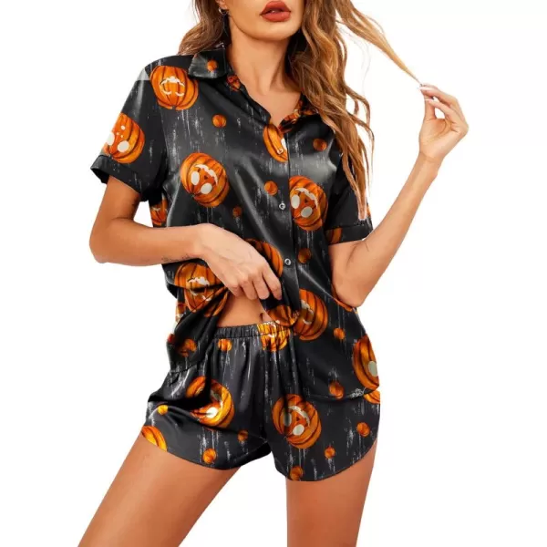 imageEkouaer Silk Pajamas for Women Short Sleeve Satin Pajama Set 2 Piece Button Down Loungewear SXXLHalloween Pumpkin