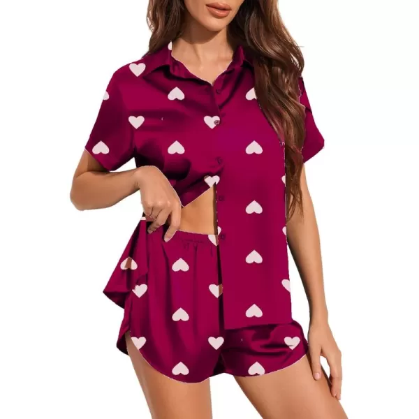 imageEkouaer Silk Pajamas for Women Short Sleeve Satin Pajama Set 2 Piece Button Down Loungewear SXXLRed Heart Print