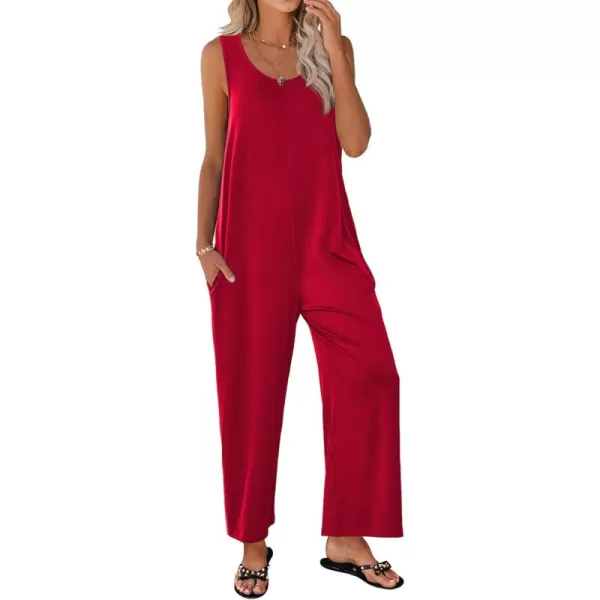 imageEkouaer Sleeveless Jumpsuits for Women Casual Summer Scoop Neck Tank Rompers Wide Leg Pants Overall Jumpers with PocketsDeep Red