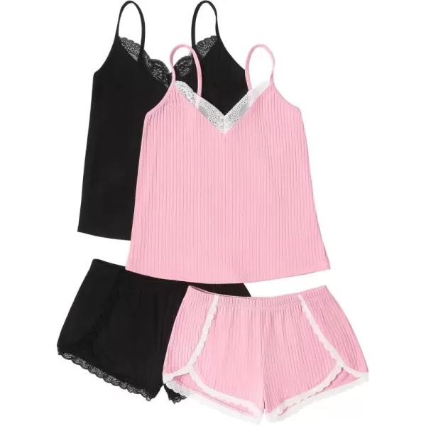 imageEkouaer Womens Pajama Sets Soft Cami Shorts Set 4 Piece Lingerie Sleepwear V Neck Pj Lace NightwearBlack  Pink