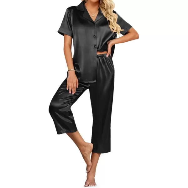 imageEkouaer Womens Satin Pajamas Silk Capri Pjs 2 Piece Lounge Sets Short Sleeve Button Down SleepwearBlack