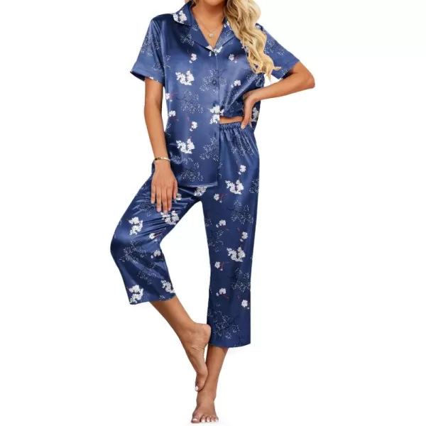 imageEkouaer Womens Satin Pajamas Silk Capri Pjs 2 Piece Lounge Sets Short Sleeve Button Down SleepwearBluewhite Flower