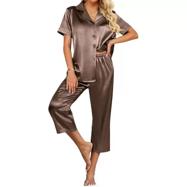 imageEkouaer Womens Satin Pajamas Silk Capri Pjs 2 Piece Lounge Sets Short Sleeve Button Down SleepwearBrown