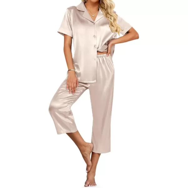 imageEkouaer Womens Satin Pajamas Silk Capri Pjs 2 Piece Lounge Sets Short Sleeve Button Down SleepwearChampagne