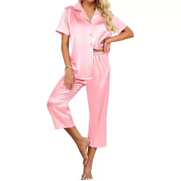 imageEkouaer Womens Satin Pajamas Silk Capri Pjs 2 Piece Lounge Sets Short Sleeve Button Down SleepwearVeiled Rose