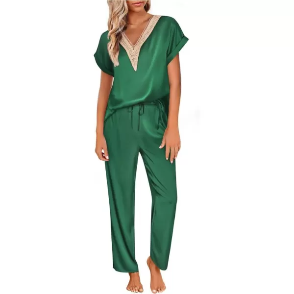 imageEkouaer Womens Silk Pajamas Set Satin Pjs with Long Pants Short Sleeve Sleepwear Guipure V Neck LoungewearDark Green