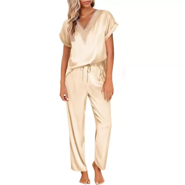 imageEkouaer Womens Silk Pajamas Set Satin Pjs with Long Pants Short Sleeve Sleepwear Guipure V Neck LoungewearKhaki