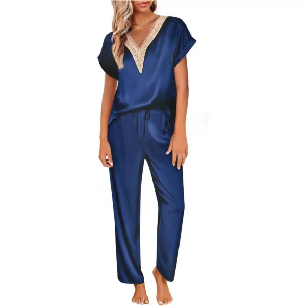 imageEkouaer Womens Silk Pajamas Set Satin Pjs with Long Pants Short Sleeve Sleepwear Guipure V Neck LoungewearNavy Blue