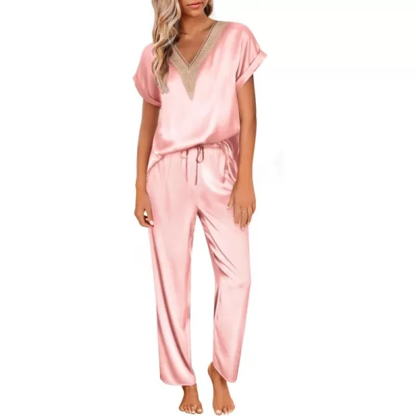 imageEkouaer Womens Silk Pajamas Set Satin Pjs with Long Pants Short Sleeve Sleepwear Guipure V Neck LoungewearPink