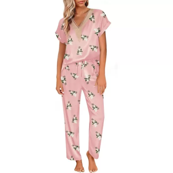 imageEkouaer Womens Silk Pajamas Set Satin Pjs with Long Pants Short Sleeve Sleepwear Guipure V Neck LoungewearPink Flowers